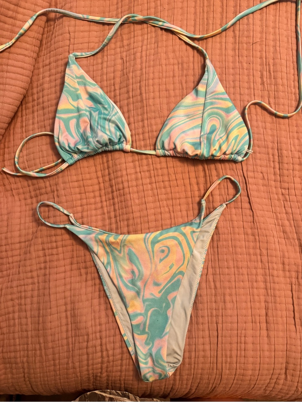 RVCA Swirl Print Triangle Bikini Set in Pastel Mint & Pink